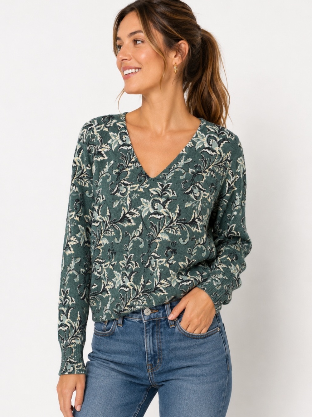 LOFT Floral Botanical V-Neck Sweater Sage Green Knit Pullover Women’s Large